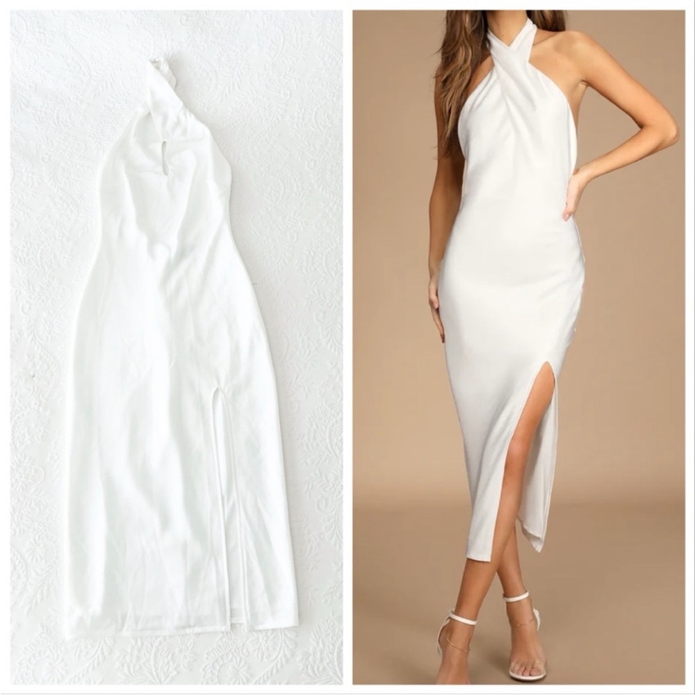 Lulus Beyond Classy White Satin Halter Midi Dress Medium -worn once